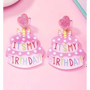 Pink It's My Birthday Cake Drop Earrings Glitter Heart Studs Festive Jewelry